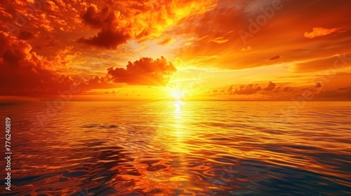 Beautiful beach sunset with golden orange sky on sea water reflection landscape. AI generated