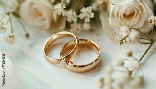 Two golden wedding rings with white roses on a gold background stock images. Engagement rings with a bouquet of white flowers image. AI generated illustration