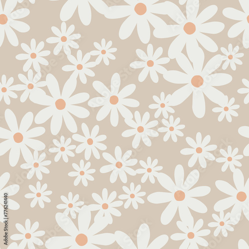 Seamless Vector Bige Pale Pattern with Daisies Flowers