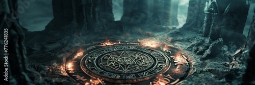 An occult-themed 3D background, rich with arcane symbols and hidden knowledge, where shadowy figures and mystical sigils emerge from the depths of a dark, mysterious void photo
