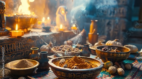 Ancient Egyptian Feast, Enchanting Aromatic Bazaar with Spices, Candles Creating a Mystical Ambience, Hieroglyphic-covered walls, 3D Render
