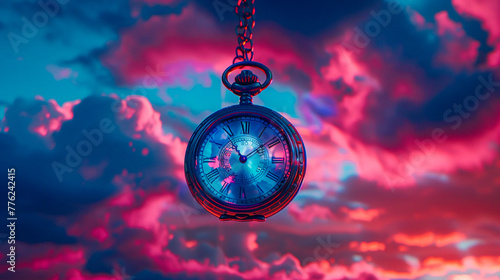 Colorful, dreamy skies behind a solitary pocket watch, evoking a sense of time's boundless journey © weerasak