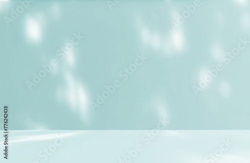 Empty blue room studio with shadow of leaves tree effect overlay sunlight for product presentation display. Cosmetic showroom. Winter  Spring  Summer  Autumn backdrop. Minimal Mock up interior.