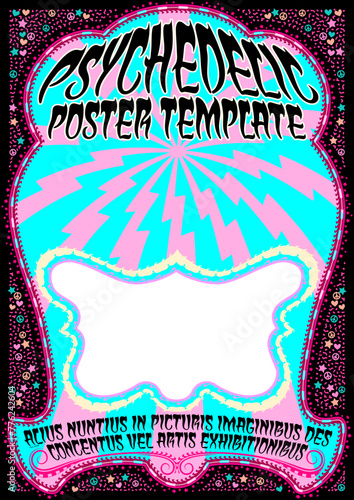 A poster template with an extremely ornate psychedelic frame, in the style of 1960s hippie poster art.