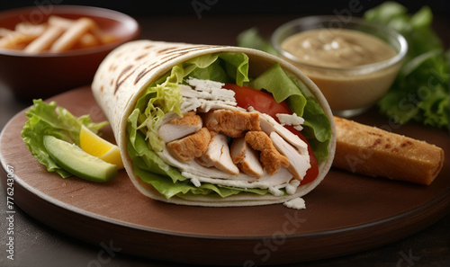 Grilled chicken meat and salad in pita bread