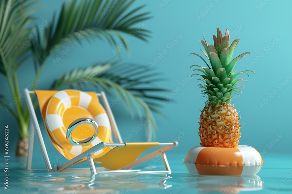 Summer beach concept, chair with ring floating and pineapple on blue background. 3d rendering