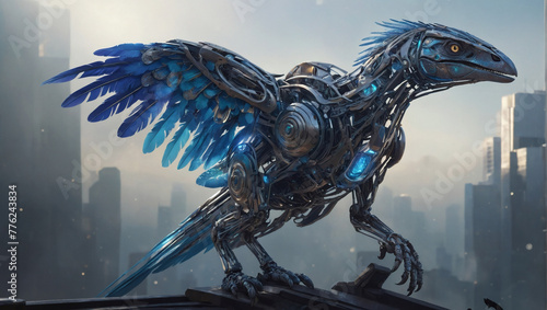 A strikingly futuristic Astral Raptor, a hybrid of metal and feathers, emerges from a holo-deck mist, its gleaming chrome talons contrasting against shimmering holographic plumage.