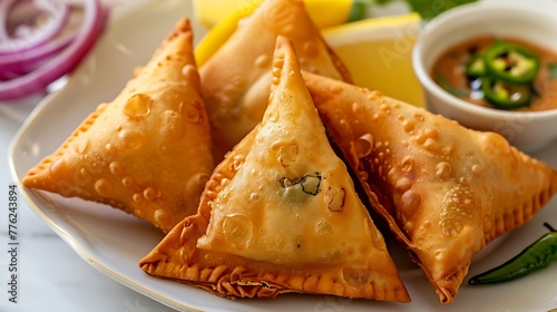 samosa on a plate with lemon onion and green fried chilli