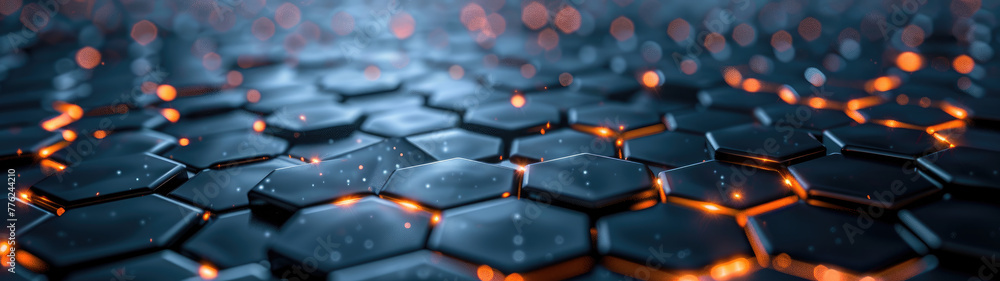 Obraz premium In the tapestry of tomorrow's dreams, hexagonal patterns dance with ethereal light, weaving tales of connectivity across the boundless expanse of the digital frontier.