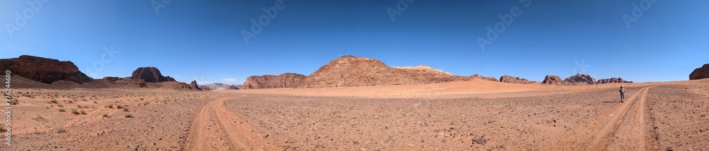 Wadi Rum desert panorama landscape view with sand dunes and rocky formations,Mountains terrain Jordan