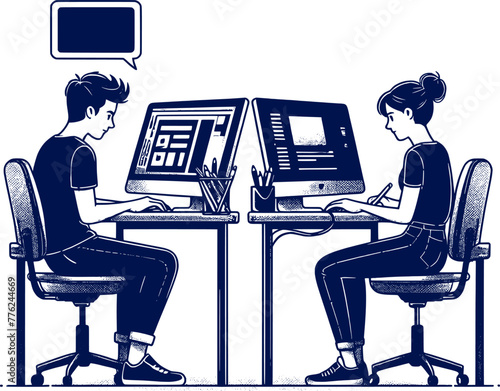 a man is working at a computer and silhouette sketch art vector design. 
