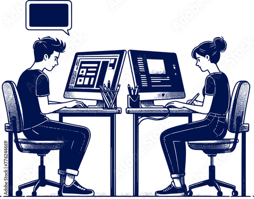 a man is working at a computer and silhouette sketch art vector design.
