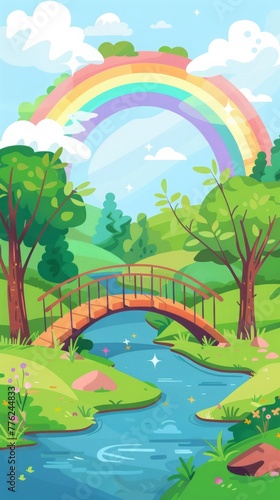 Bridge against the background of a rainbow. cartoon illustration.