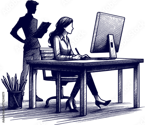 a man is working at a computer and silhouette sketch art vector design.
