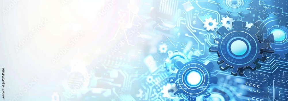 Obraz premium Blue technology background with gears and circuit board elements Digital white space for your design, text fields in the center Generative AI