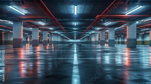 Empty parking garage with atmospheric blue lighting
