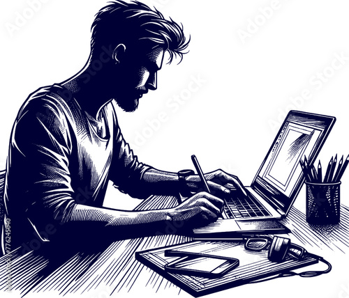 a man is working at a computer and silhouette sketch art vector design.
