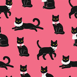 Seamless pattern of cute black cats in white collars. Vector graphics