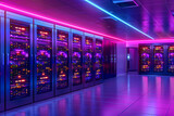 Empty server room with blinking servers, symbolizing data storage and digital technology