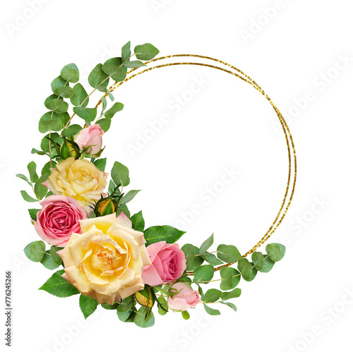 Pink and yellow rose flowers with eucalyptus leaves in a floral arrangement with round glitter frame isolated on white or transparent background.