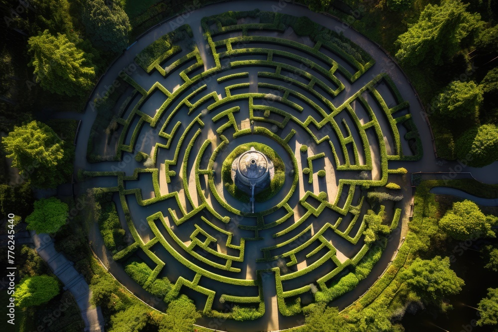 Labyrinth garden, Aerial view a natural labyrinth in the garden. Photo from the drone, An aerial view of a labyrinth garden, AI generated