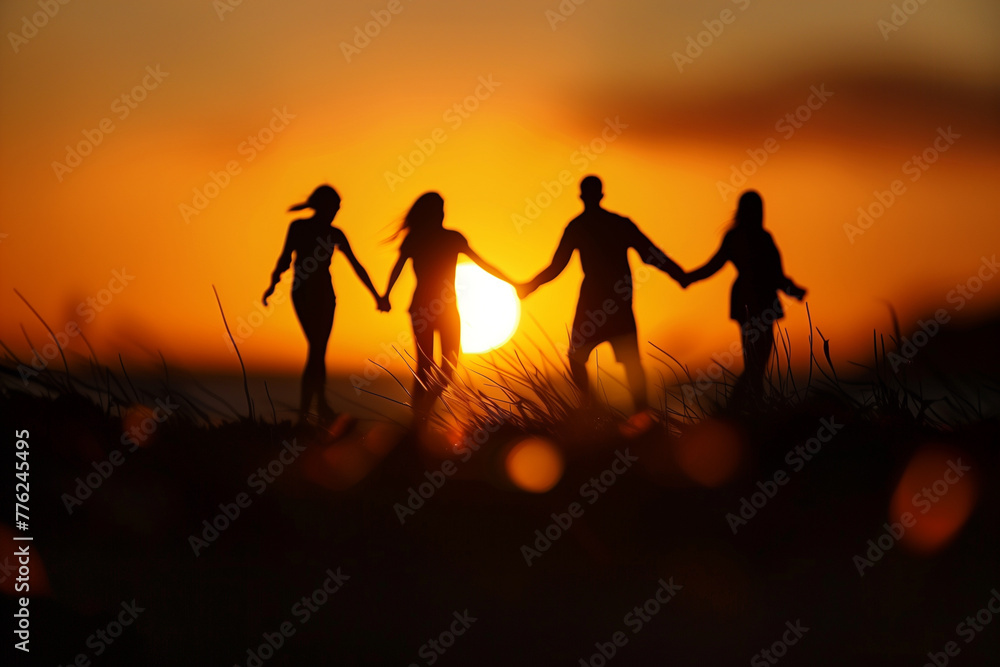Silhouette of four people holding hands at sunset. Silhouette of four people holding hands at sunset.