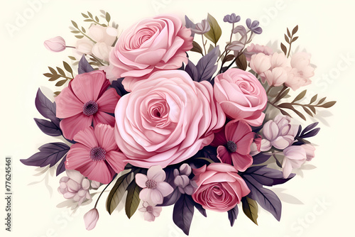 Vintage floral bouquet with pink roses and green leaves.  illustration.