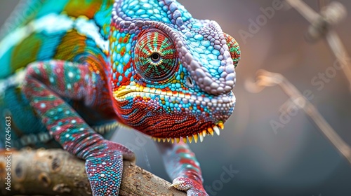 Chameleon with vibrant colors and a distinctive crest on its head. © Suleyman