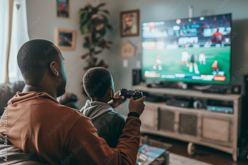 A man and a boy are playing a video game together. The boy is holding a controller and the man is watching him - obrazy, fototapety, plakaty 