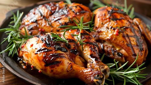 Whole grill chicken with caramelized skin and fresh rosemary on a dinner table