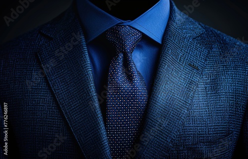 Elegant men's suit or businessman's clothing in dark blue on a mannequin in a boutique. The suit is complemented with a tie. In the dark background