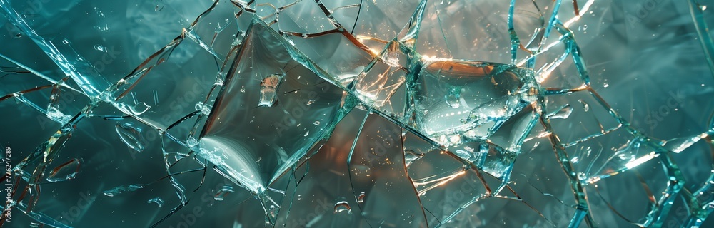 close up of a broken tempered glass in small pieces - obrazy, fototapety, plakaty 