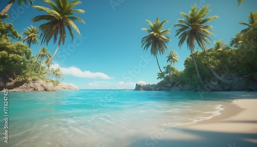 beach with palm trees. Idyllic tropical beach landscape for background or wallpaper. Design of tourism for summer vacation landscape, holiday destination concept. Exotic island scene, relaxing view. 