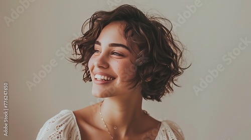 Enchanting brunette with captivating curls, framed against a neutral backdrop. Her warm smile radiates joy, while her short, wavy hairstyle exudes modern elegance.