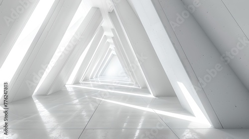 Futuristic white corridor with bright lights and geometric design. Modern architecture interior for clean and minimalist aesthetic. Ideal for background or concept imagery. AI