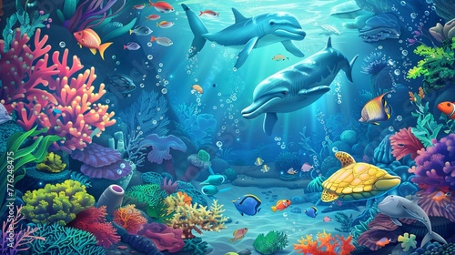 Discover the vibrant underwater world  Witness playful marine creatures  colorful coral reefs  and diverse ocean habitats in this enchanting illustration.