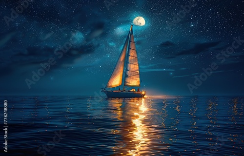 sailing boat in the sea at night, the sky is clear and full of stars and the sea water is calm