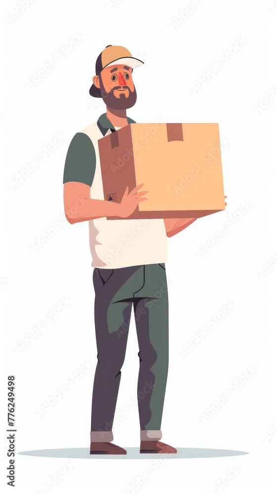 Delivery of goods and parcels, the delivery man holding cardboard box, illustration Delivery of goods and parcels, the delivery man holding cardboard box, illustration