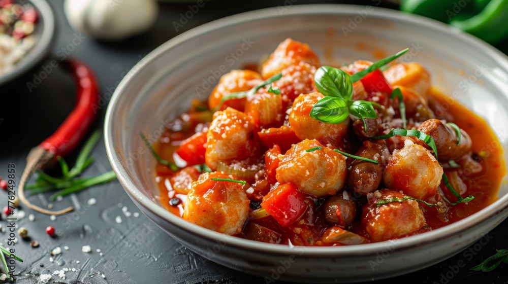 A dish with chili. Gnocchi are balls of dough in tomato sauce with sausages and onions. A dish with chili. Gnocchi are balls of dough in tomato sauce with sausages and onions.