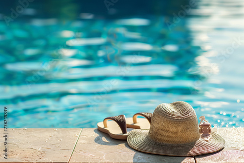 A pair of sandals and a straw hat are sitting on a ledge next to a pool. Concept of relaxation and leisure, as the items suggest a day spent by the water
