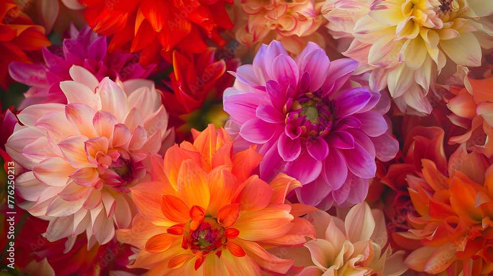 Colorful red pink white Dahlias, bright nature flowers, oil paints