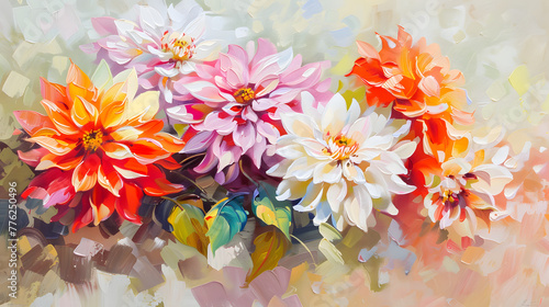 Colorful red pink white Dahlias, bright nature flowers, oil paints