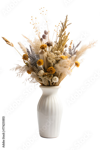 bouquet of dried flowers in a white vase isolated on transparent background