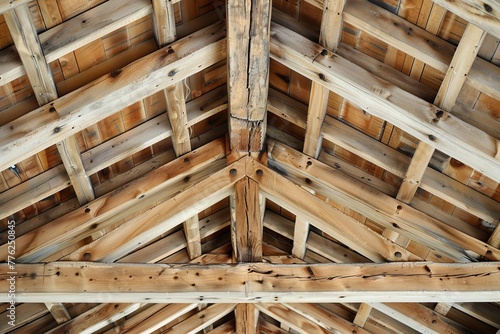 The underside of a wooden bridge reveals a lattice of beams