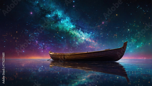 A vividly shimmering starry skiff drifts through an endless cosmic expanse, its sleek silhouette adorned with constellations that seem to dance with light. photo