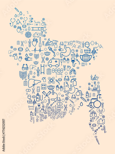 Map of Bangladesh formed by icons related to medicine and healthcare system. SUS. Public healthcare (ID: 776252007)