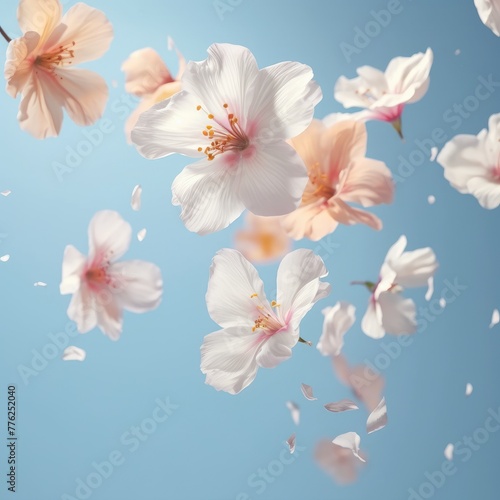 Close-Up Shot of Cherry Blossoms Flowers Falling from Sky. Generative AI