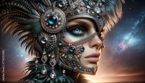 Woman Portrait in Lace Jewelry Mask. Mesmerizing Myth Fairy Face. AI Generated. Hypnotized Beauty Young Person. Space Celestial Warrior Avatar. Artificial Art Background. Glamour Luxury Rich Style