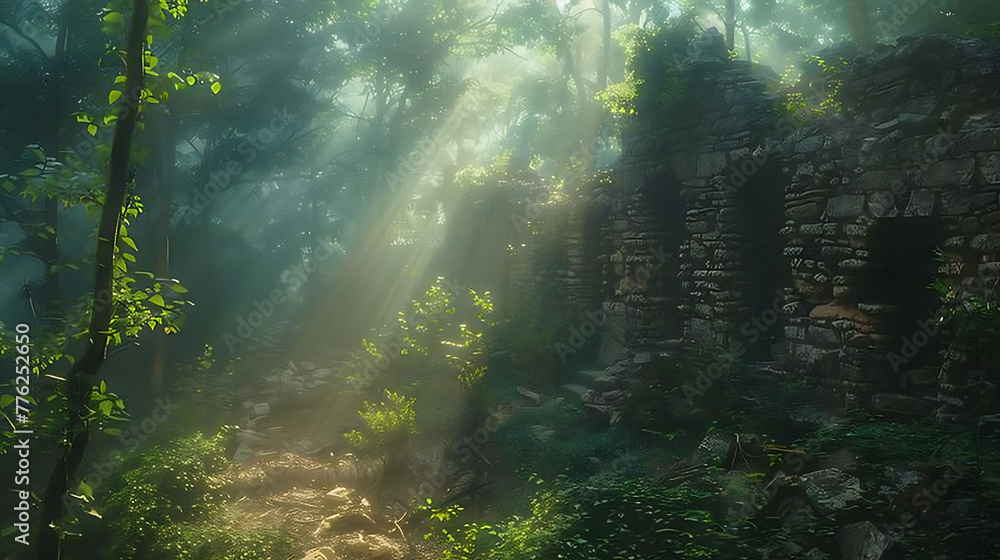Mysterious ruins hidden deep within the forest along an ancient trail