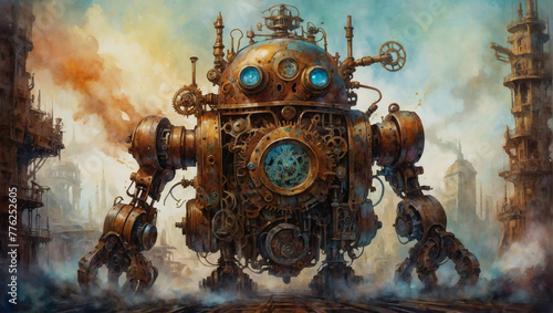 A whimsically chaotic steampunk robot rebellion unfolds in a vibrant watercolor painting.